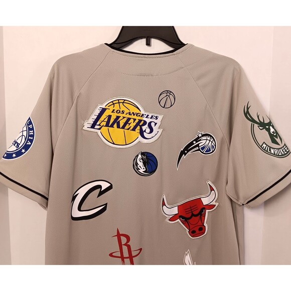 Vtg NBA Jersey Shirt Men M Tan All Over Print Patchwork Lakers Bulls Knicks Heat - Picture 8 of 11